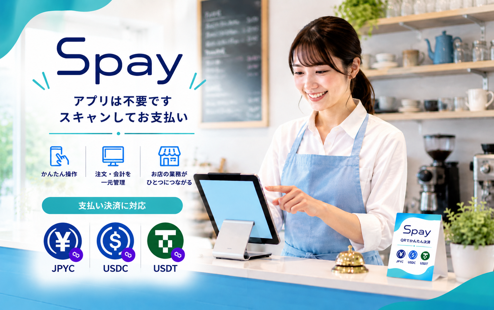 Spayの案内と、店内でSOUKAI POSを操作するスタッフ